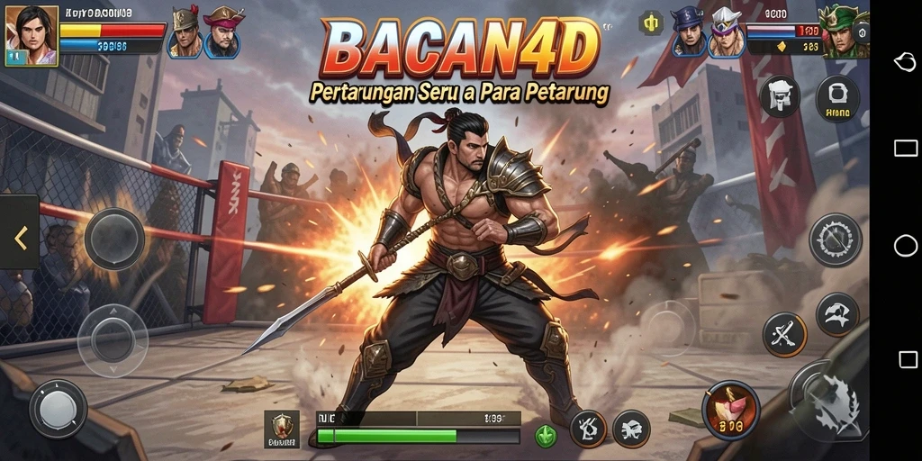 Screenshot gameplay BACAN4D dengan karakter bertarung di arena.