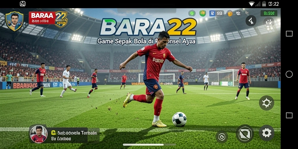 Tampilan gameplay BARA22 yang menampilkan aksi di lapangan sepak bola.