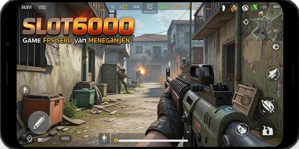Screenshot dari gameplay menegangkan SLOT6000 dengan aksi tembak-menembak.
