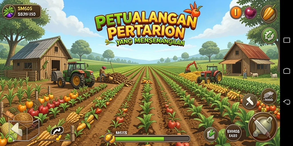 Screenshot utama SM605 menampilkan pemain yang sedang bertani dengan berbagai tanaman.